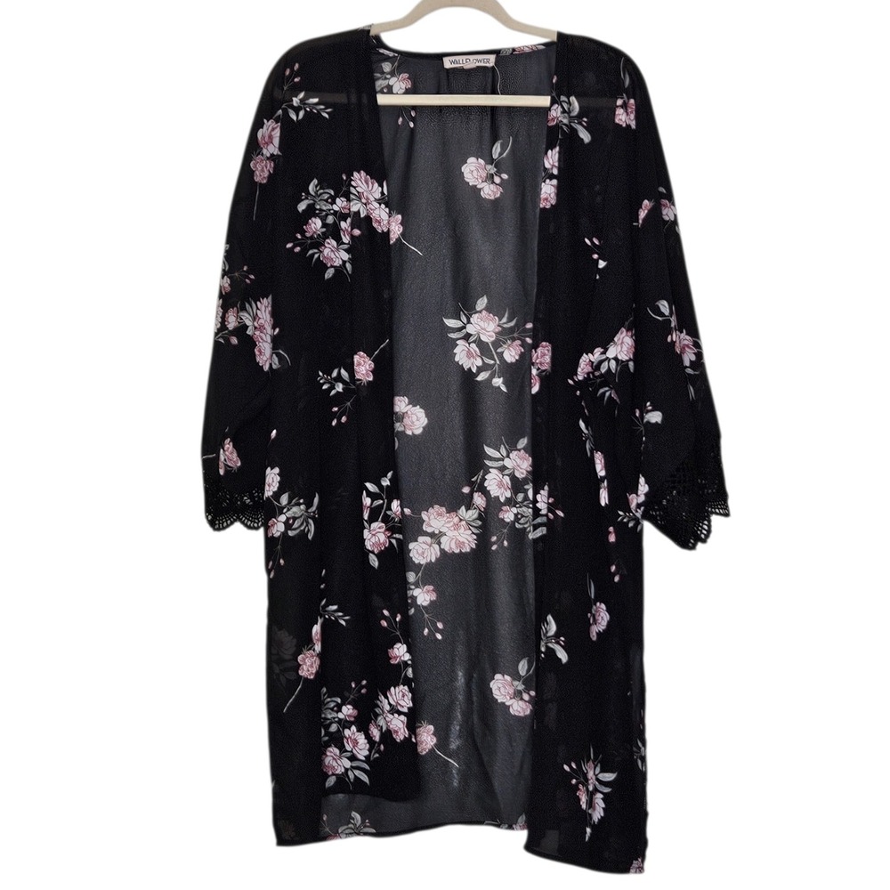 WALLFLOWER Women's Black Floral Lace Kimono Cardigan Plus Size XXL Fairy Grunge